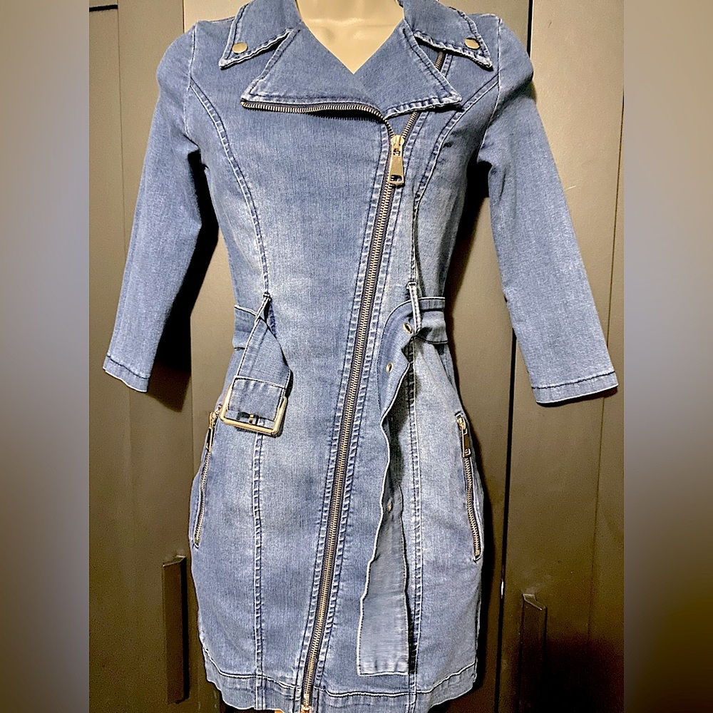 New Women's Zip Detail Acid Belted Denim Dress Size Small - Picture 8 of 11